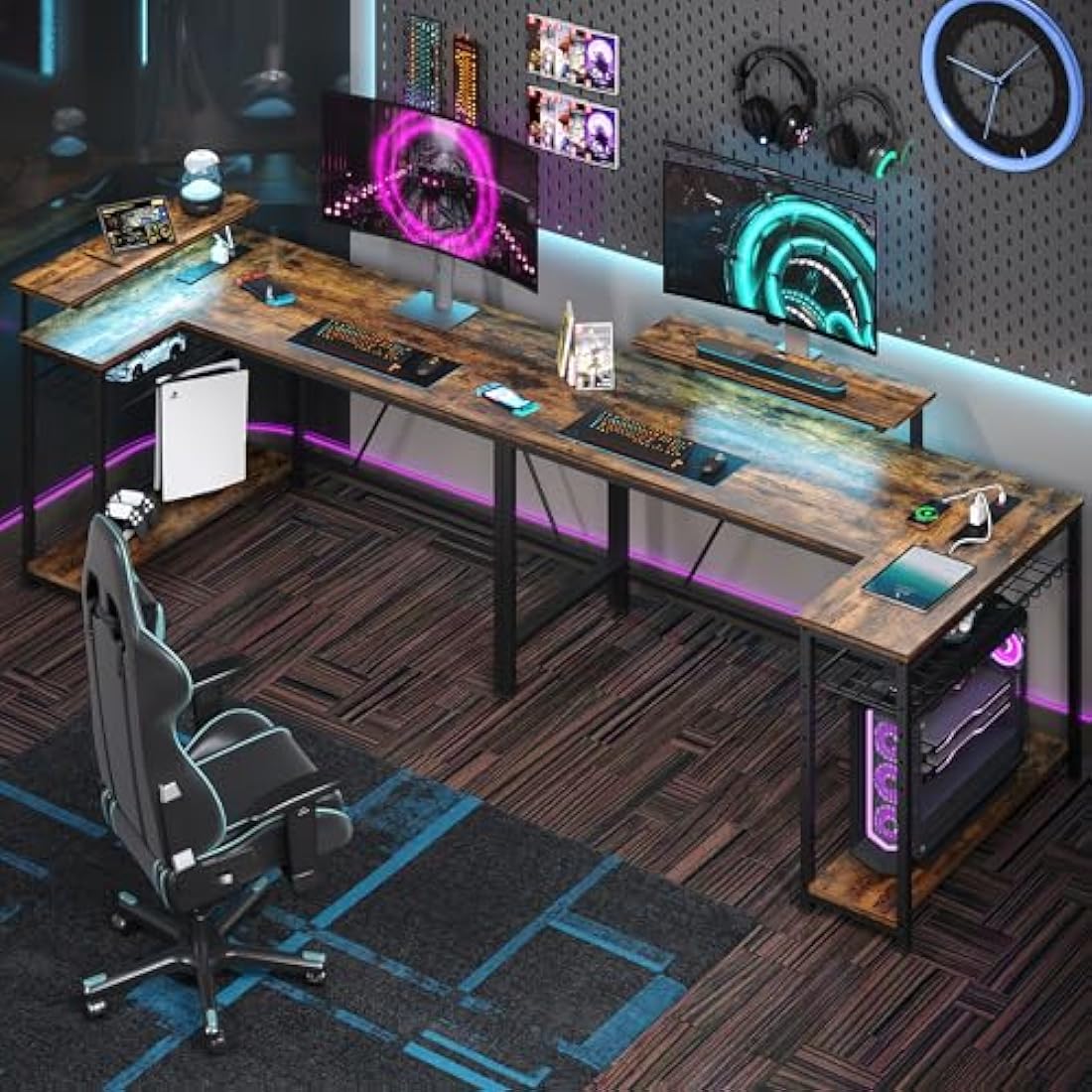 Bestier L-Shaped Gaming Desk with LED Lights and Power Outlets