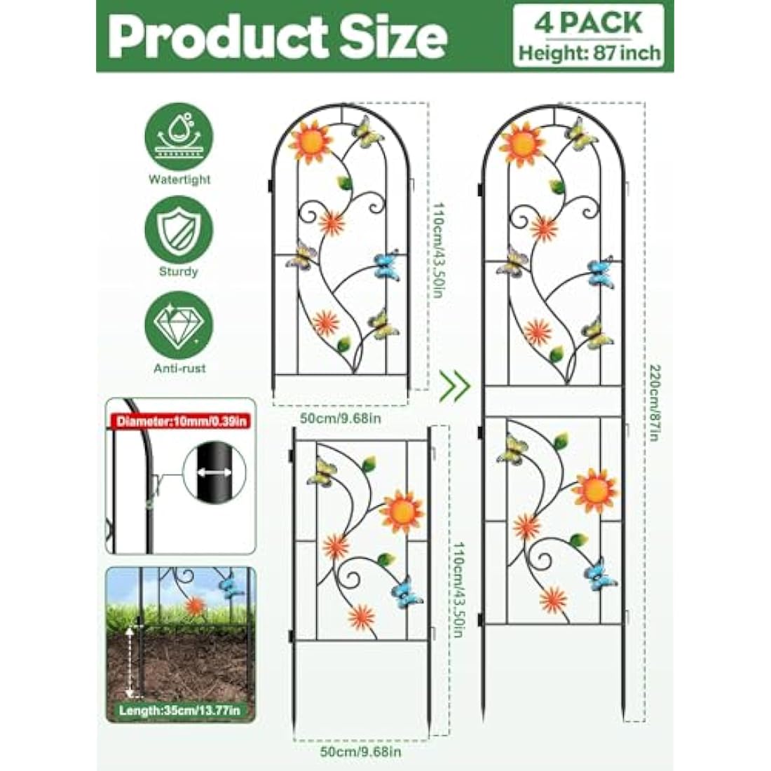 2.2M Butterfly Garden Trellis | 4-Pack Rustproof Metal Support