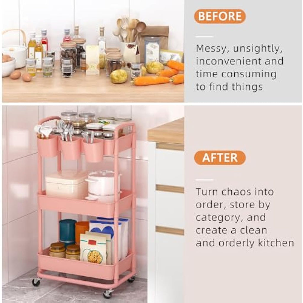 JIUYOTREE 3-Tier Rolling Utility Cart with Handles and Wheels - Pink