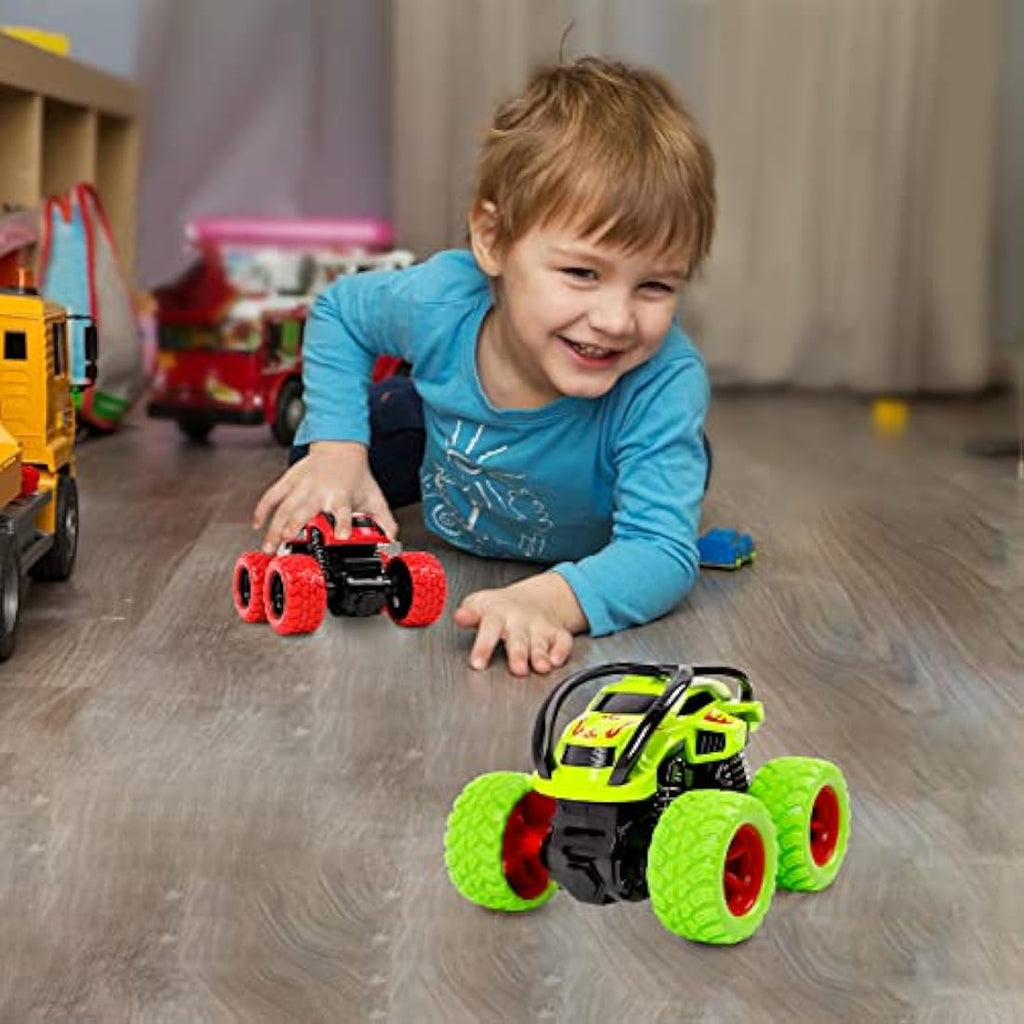 m zimoon Monster Trucks – 2 Pack Pull Back Stunt Cars for Kids, Green & Red