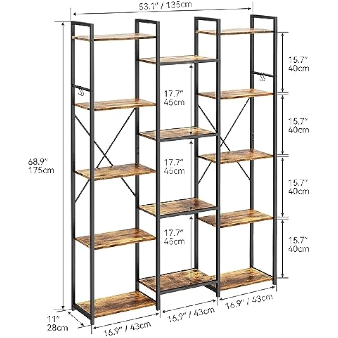 YITAHOME 14-Shelf Triple Wide Industrial Bookcase | Rustic Brown & Metal