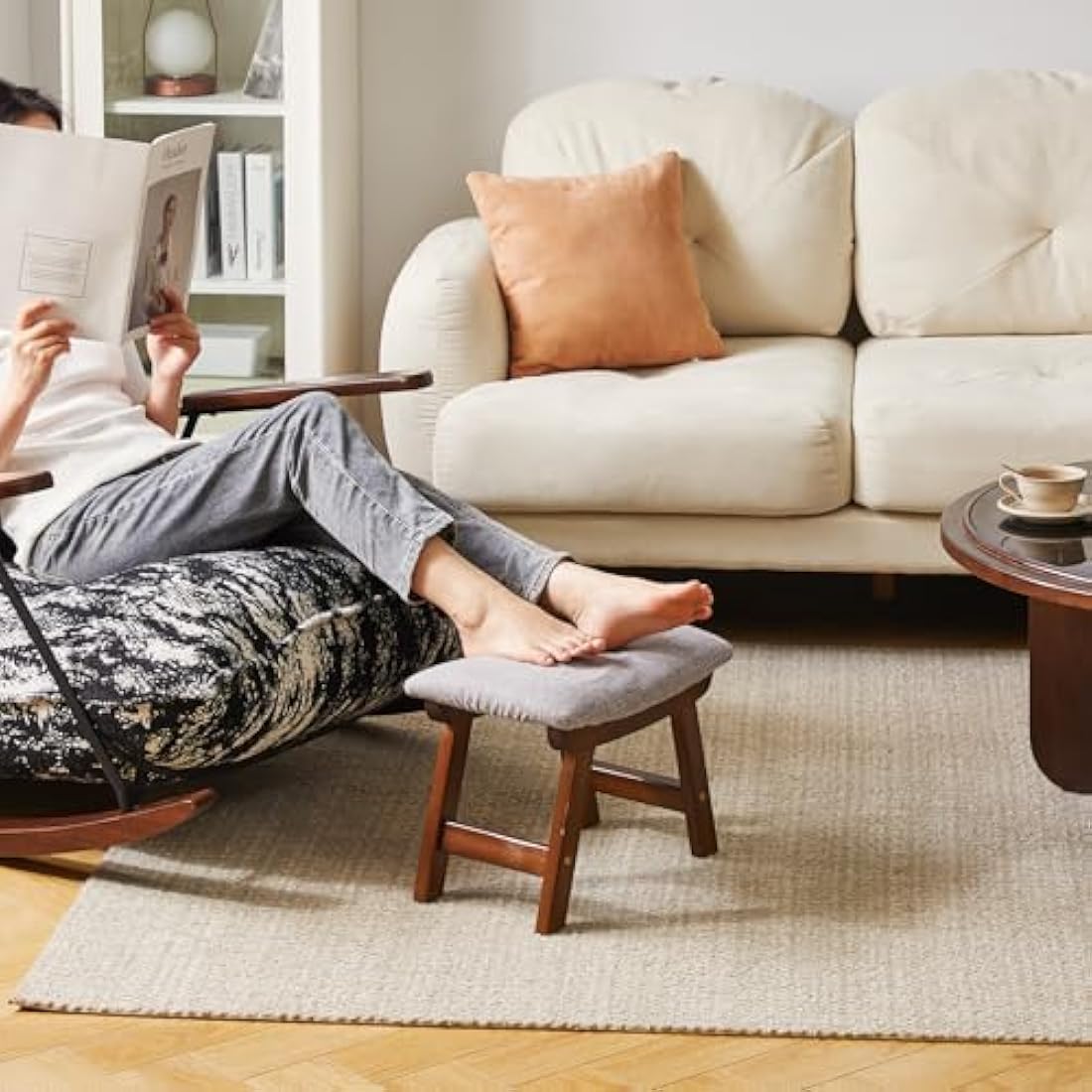 Wooden Ottoman Foot Stool | Grey Fabric Pouffe with Beech Legs