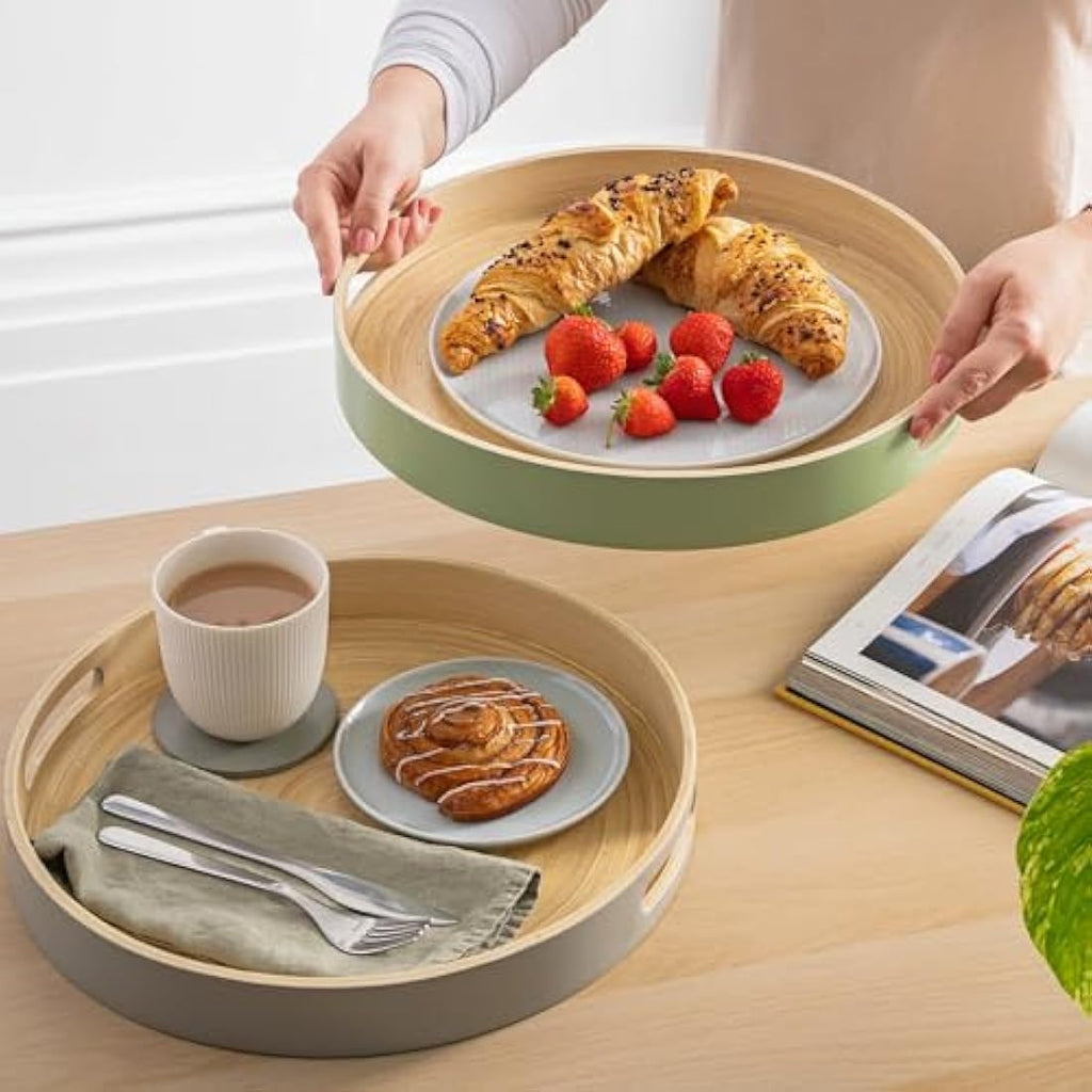 Dehaus Large Round Bamboo Serving Tray with Handles – Grey Wooden Lap Tray