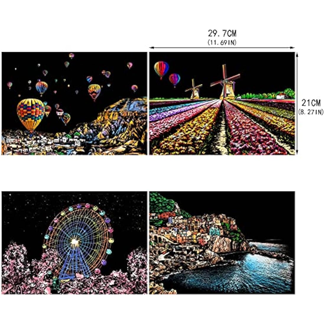 Heyu-Lotus 8pcs Rainbow Scratch Art Paper Kit – City Night Sketch Set