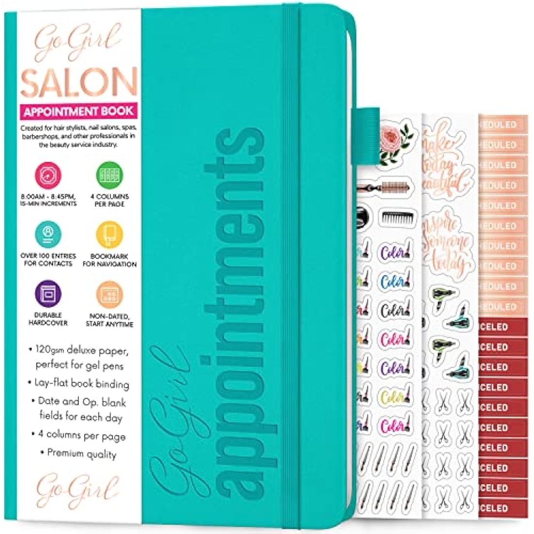 GoGirl Salon Appointment Book – Undated 15-Min Interval Planner, Turquoise