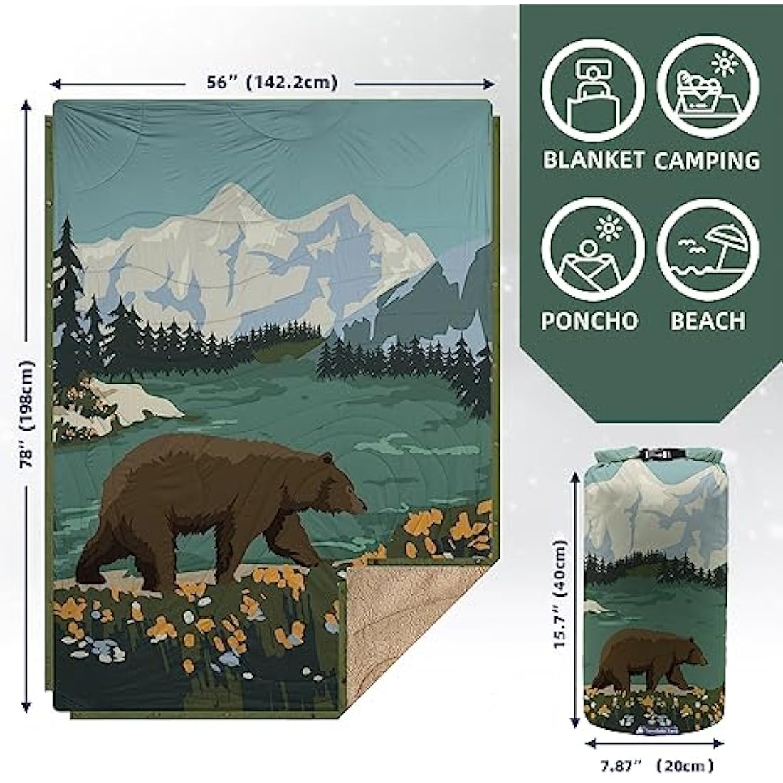 KawaGebo Sherpa Camping Blanket – Warm Waterproof Puffy Quilt Poncho
