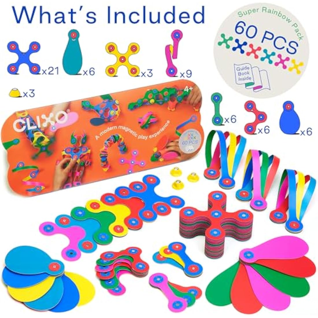 Clixo Super Rainbow 60-Piece Magnetic Building Toy – Flexible STEM Set