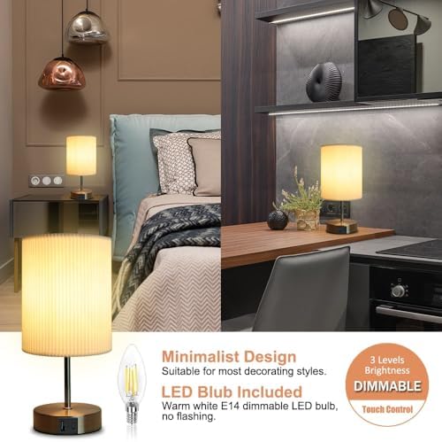 HSLighting Touch Control Bedside Lamps with USB A+C Ports, 2 Pack