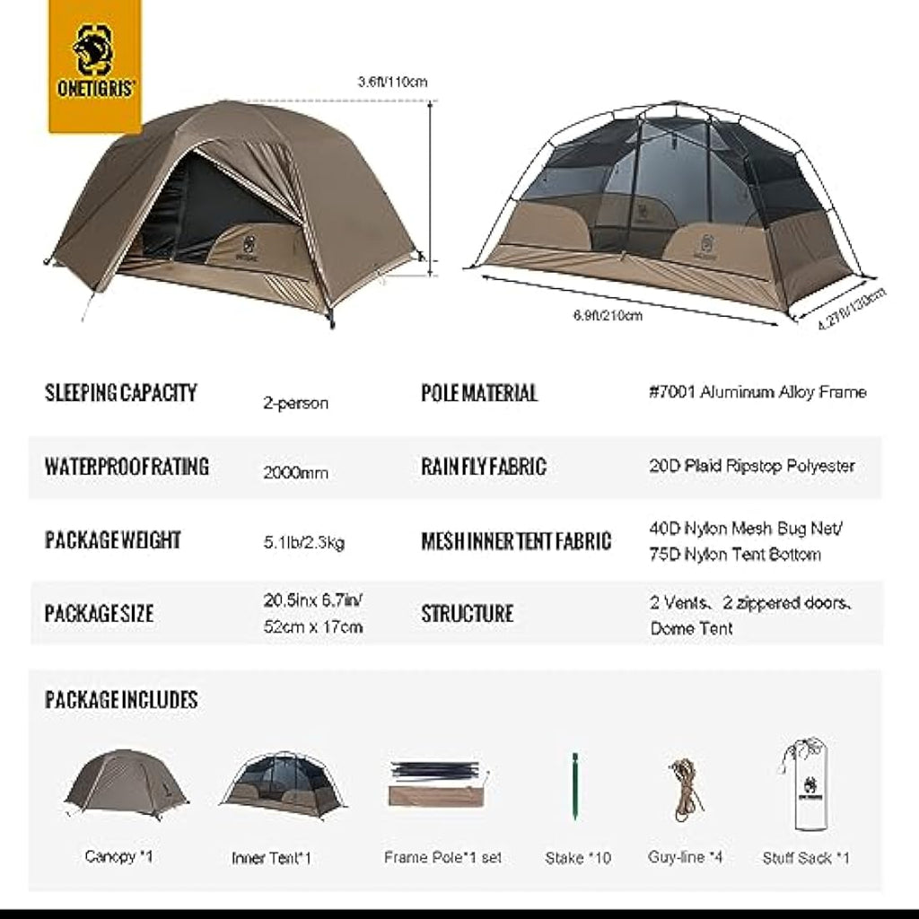 OneTigris COSMITTO 2 Person Backpacking Tent | Waterproof 3-Season Tent