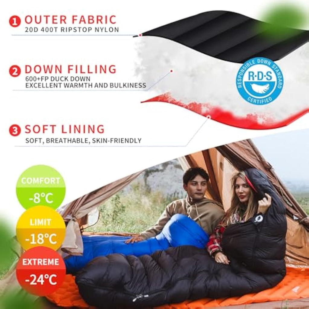 QEZER Down Sleeping Bag | Lightweight 4-Season Rectangular Nylon Bag