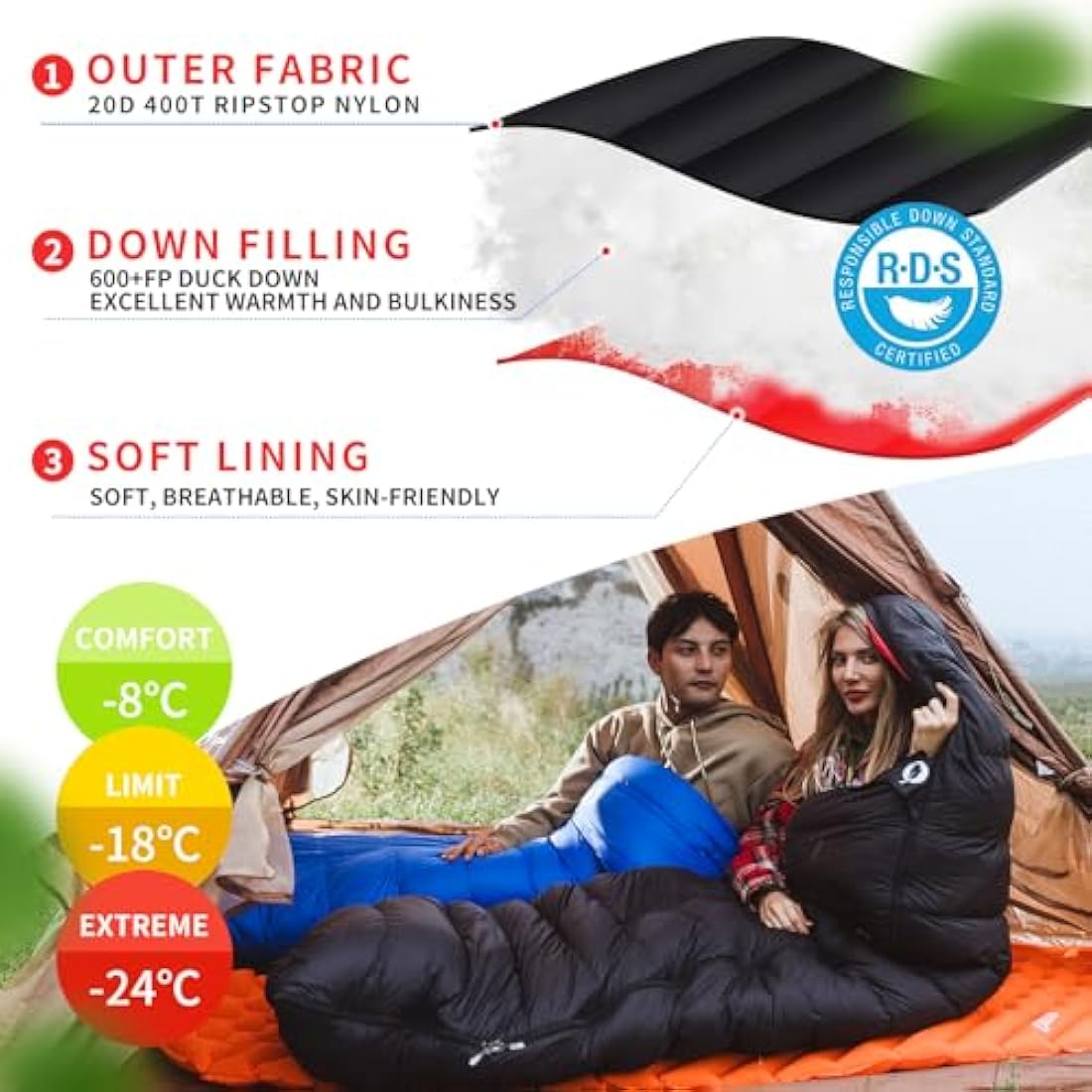 QEZER Down Sleeping Bag | Lightweight 4-Season Rectangular Nylon Bag