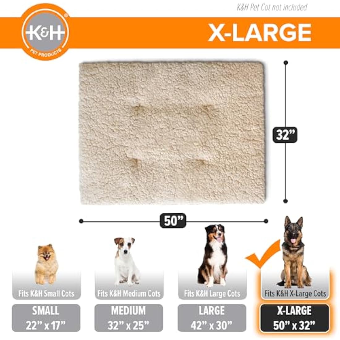 K&H Pet Products Dog Cot Pad | XL Fleece Pillow-Top Bed Mat – Tan