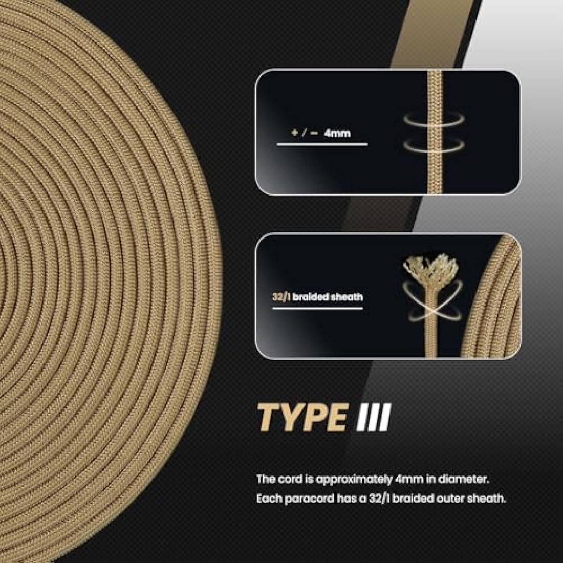 Abma Cord 4mm Type III Nylon Paracord – 9 Strands, 100m, Tan