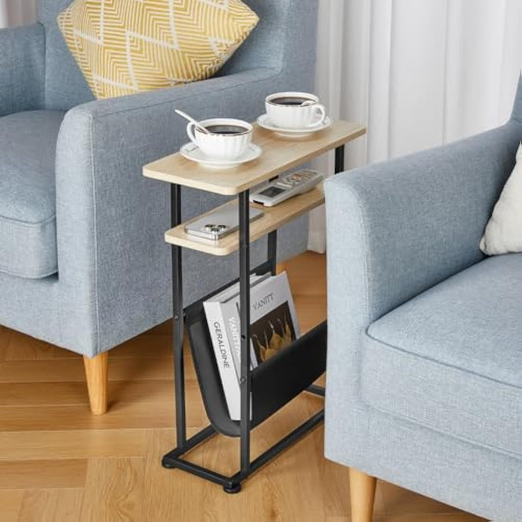 ZEXVIDA Narrow Side Table with Magazine Holder – Slim Oak End Table