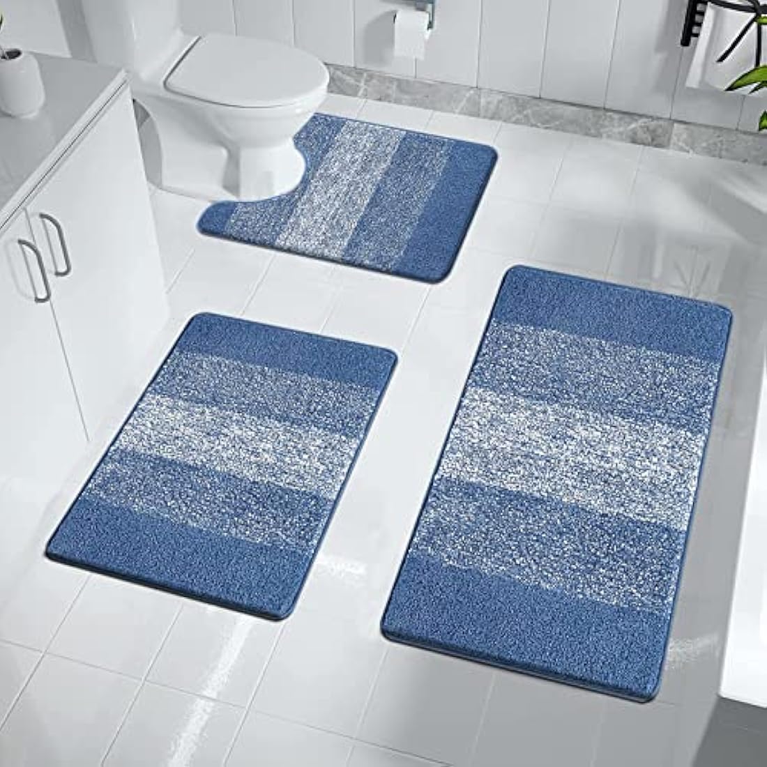 Enyhom 3-Piece Microfiber Bath Mat Set | Non-Slip Absorbent Rugs, Blue