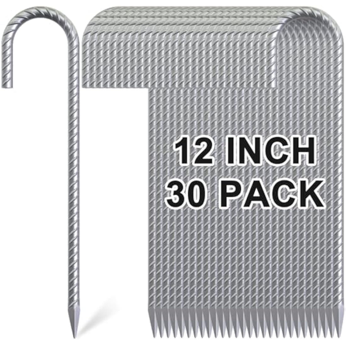 12" Heavy Duty J Hook Rebar Stakes | Galvanized Steel - 30 Pack