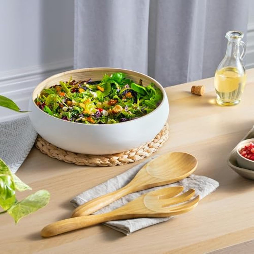 Dehaus Large Bamboo Fruit Bowl – 30cm White Wooden Salad Serving Bowl