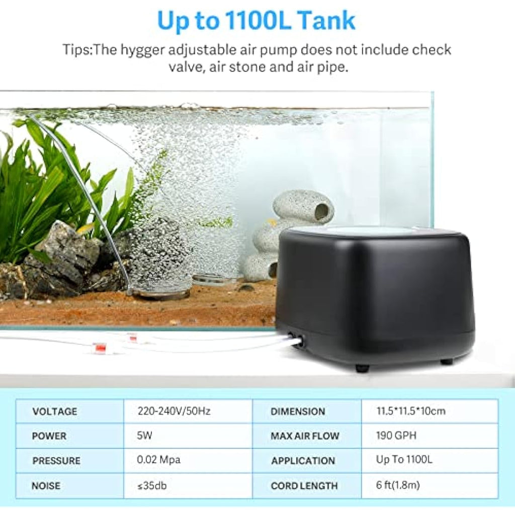 hygger Ultra Silent Aquarium Air Pump | 5W Dual Outlet for 1100L Tanks