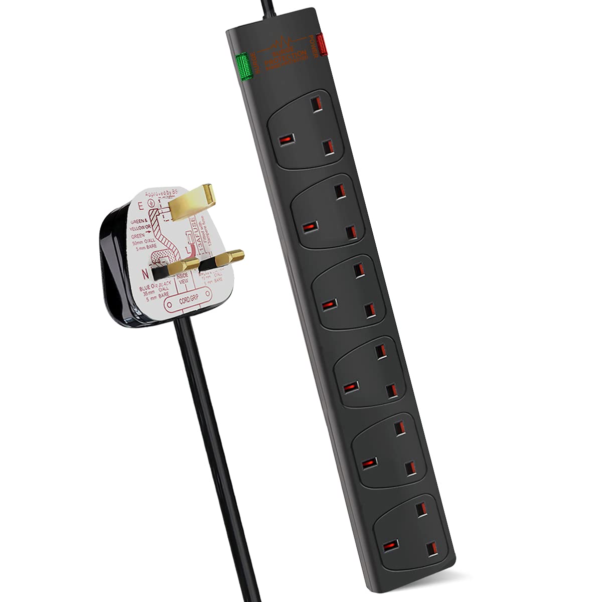 EXTRASTAR 6 Way Extension Lead with Surge Protection - 5m Cable, Black