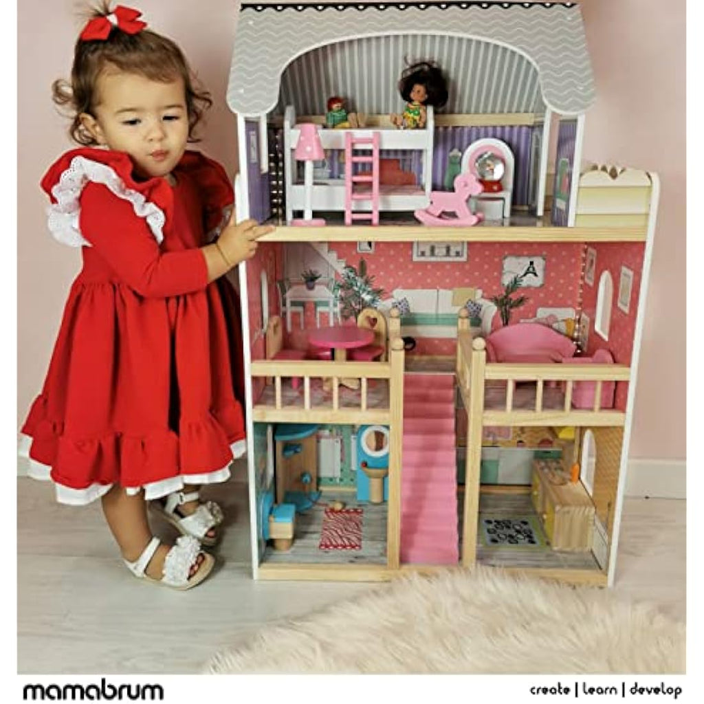 Mamabrum 3-Story Wooden Dollhouse with LED Lights & Furniture