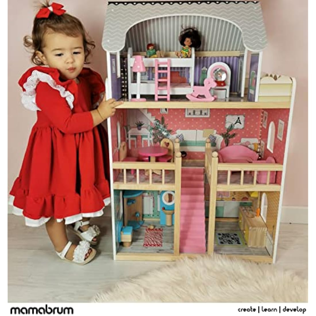 Mamabrum 3-Story Wooden Dollhouse with LED Lights & Furniture