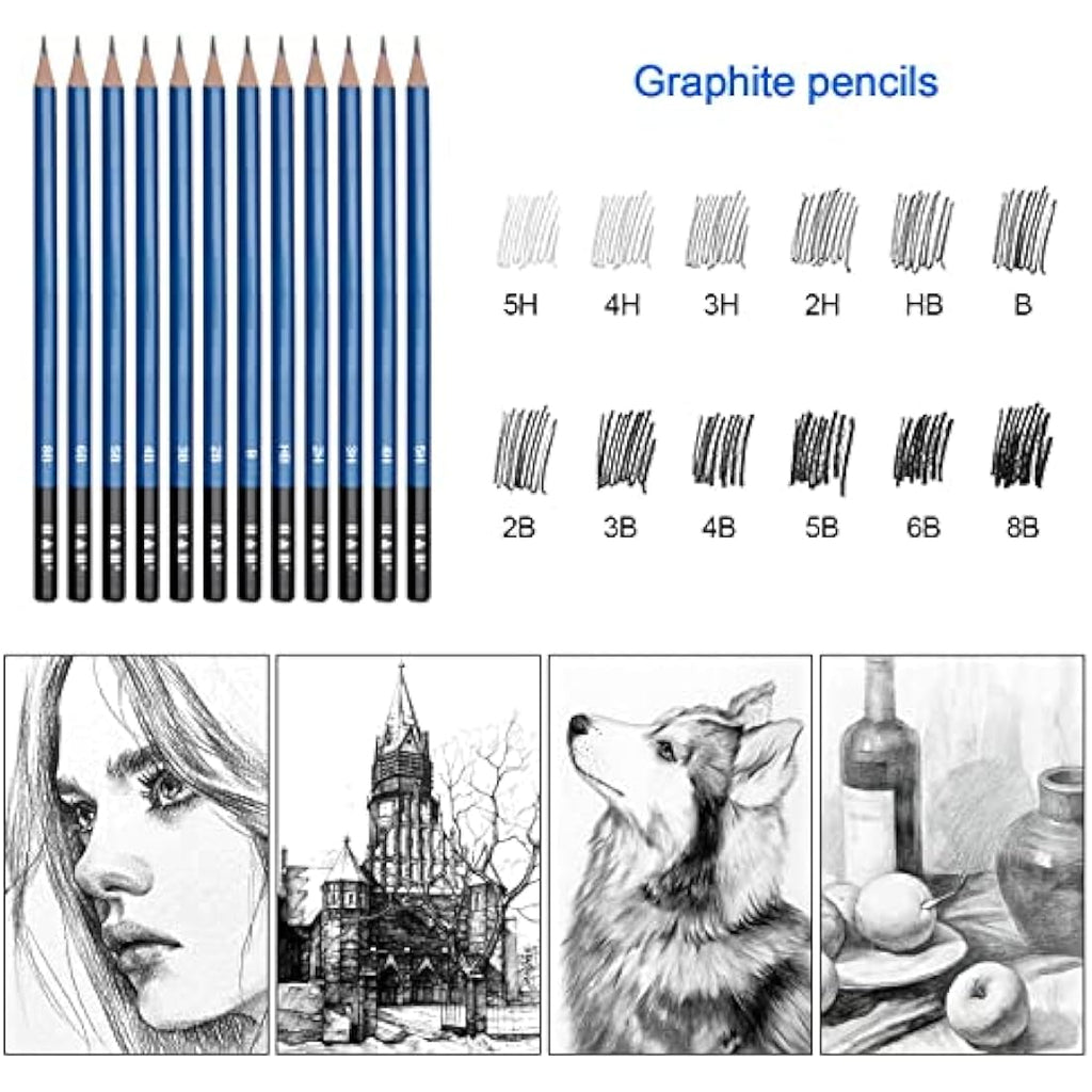 H & B 70-Piece Professional Sketching Pencil Set with Sketchbook & Case