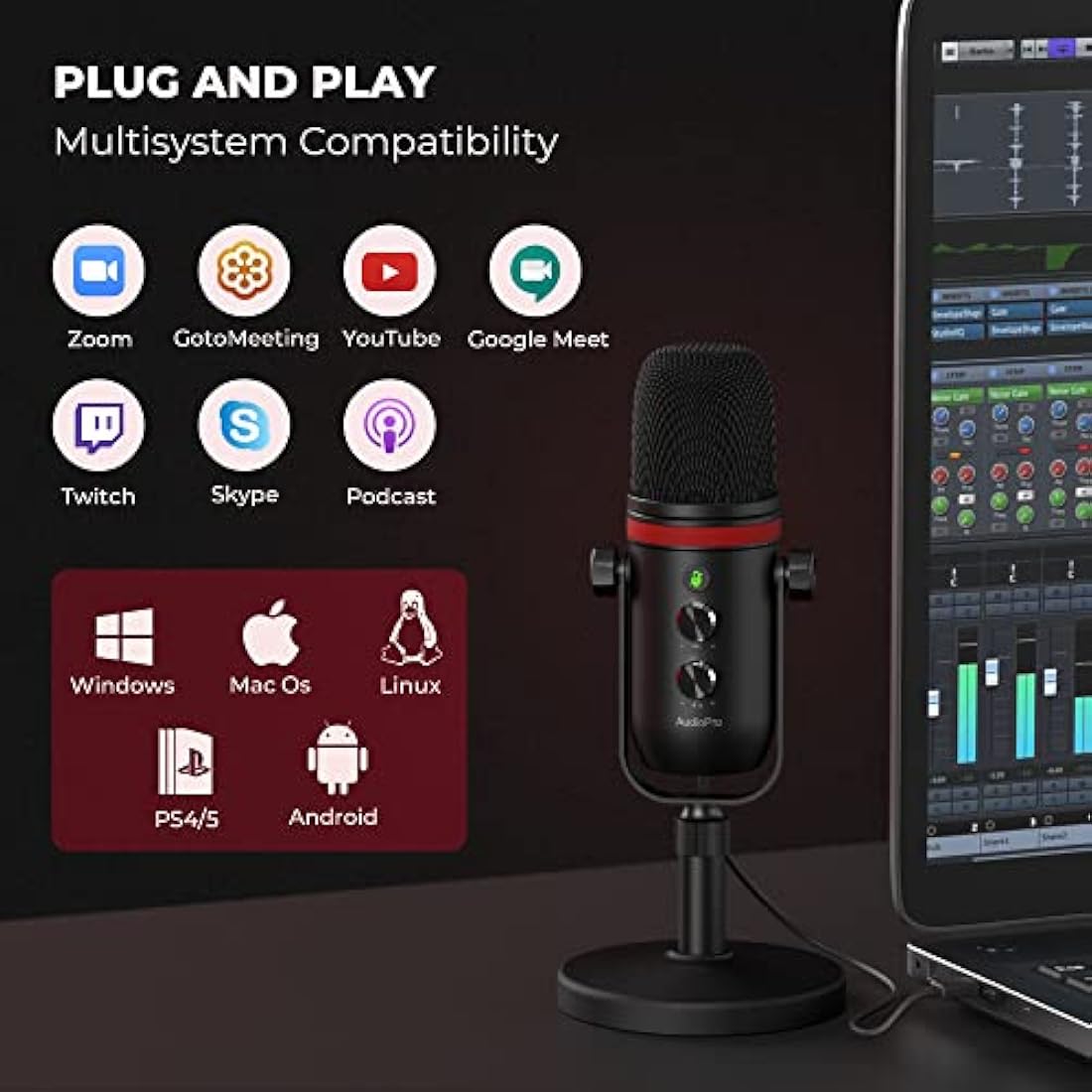 AUDIOPRO USB Condenser Gaming Microphone for PC, PS5 & Phone |