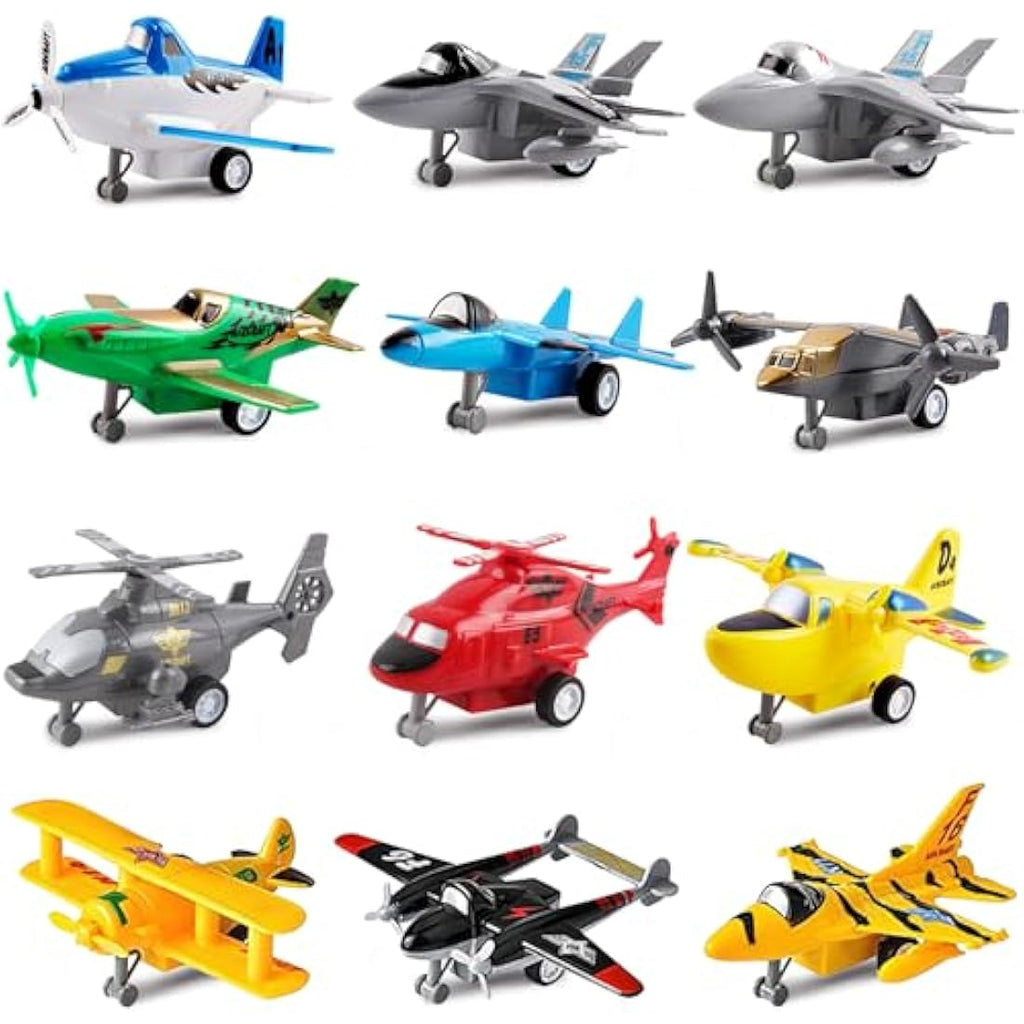 deAO Pull Back Toy Airplanes - 12 Piece Aircraft and Helicopter Playset