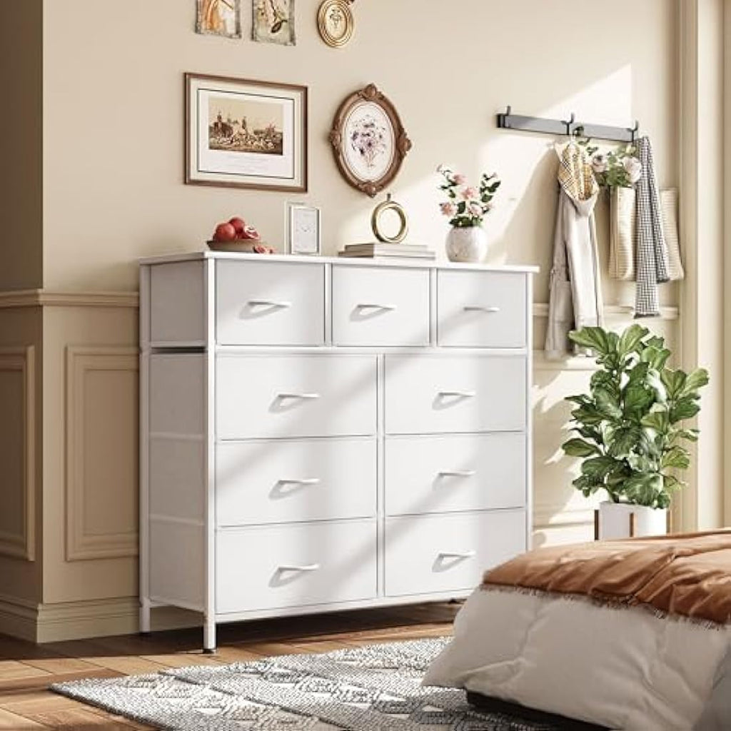 CAIYUN 9-Drawer Fabric Dresser | White Storage Chest with Wood Top