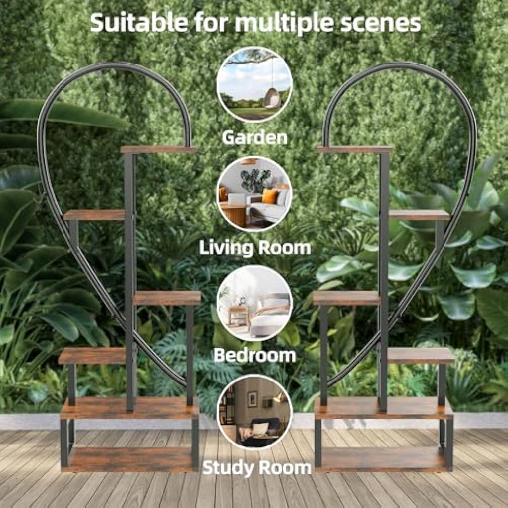 unho 6-Tier Heart Shaped Plant Stand – Tall Wood and Metal Flower Rack