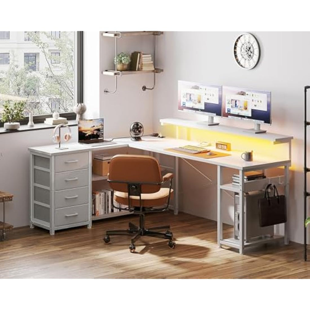 ODK L-Shaped Corner Gaming Desk with LED Lights, Drawers & Power Outlets