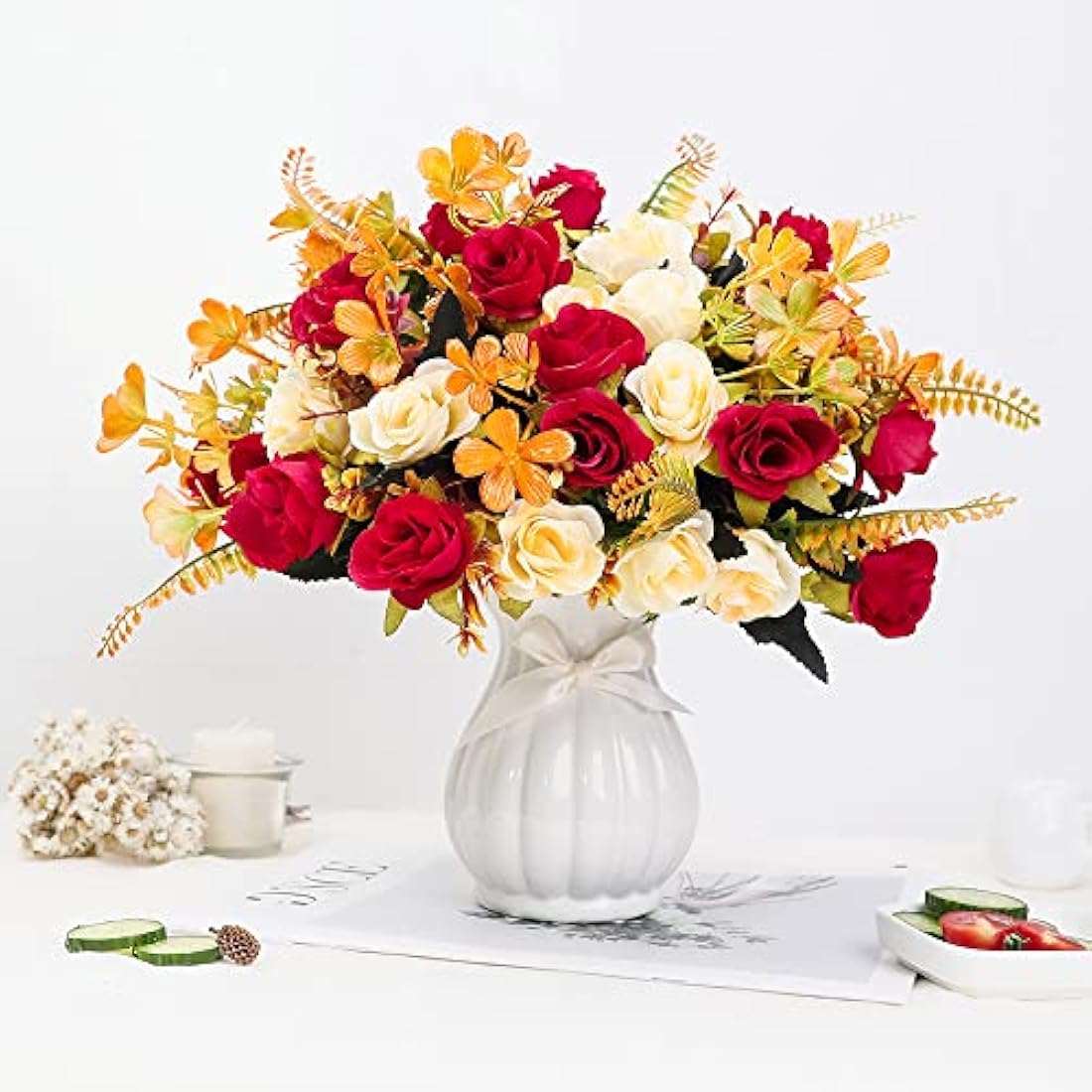 Jolof Store Artificial Silk Rose Arrangement with Ceramic Vase – Red