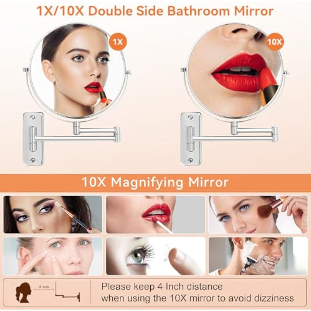AumVum 8" Wall Mounted Shaving Mirror – 1X/10X Magnification Chrome