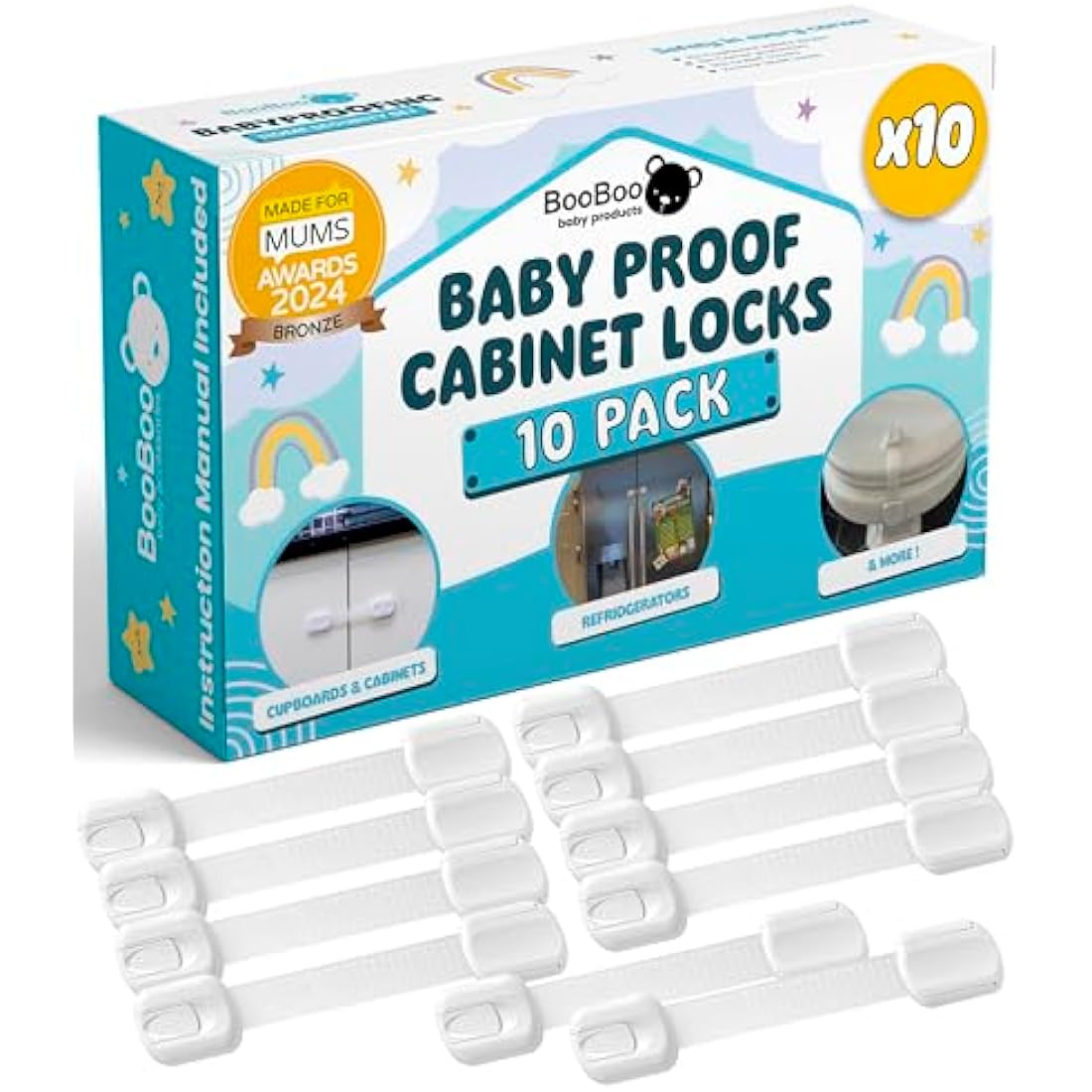 BooBoo 10 Pack Child Proof Cabinet Locks – Adjustable Baby Safety Straps
