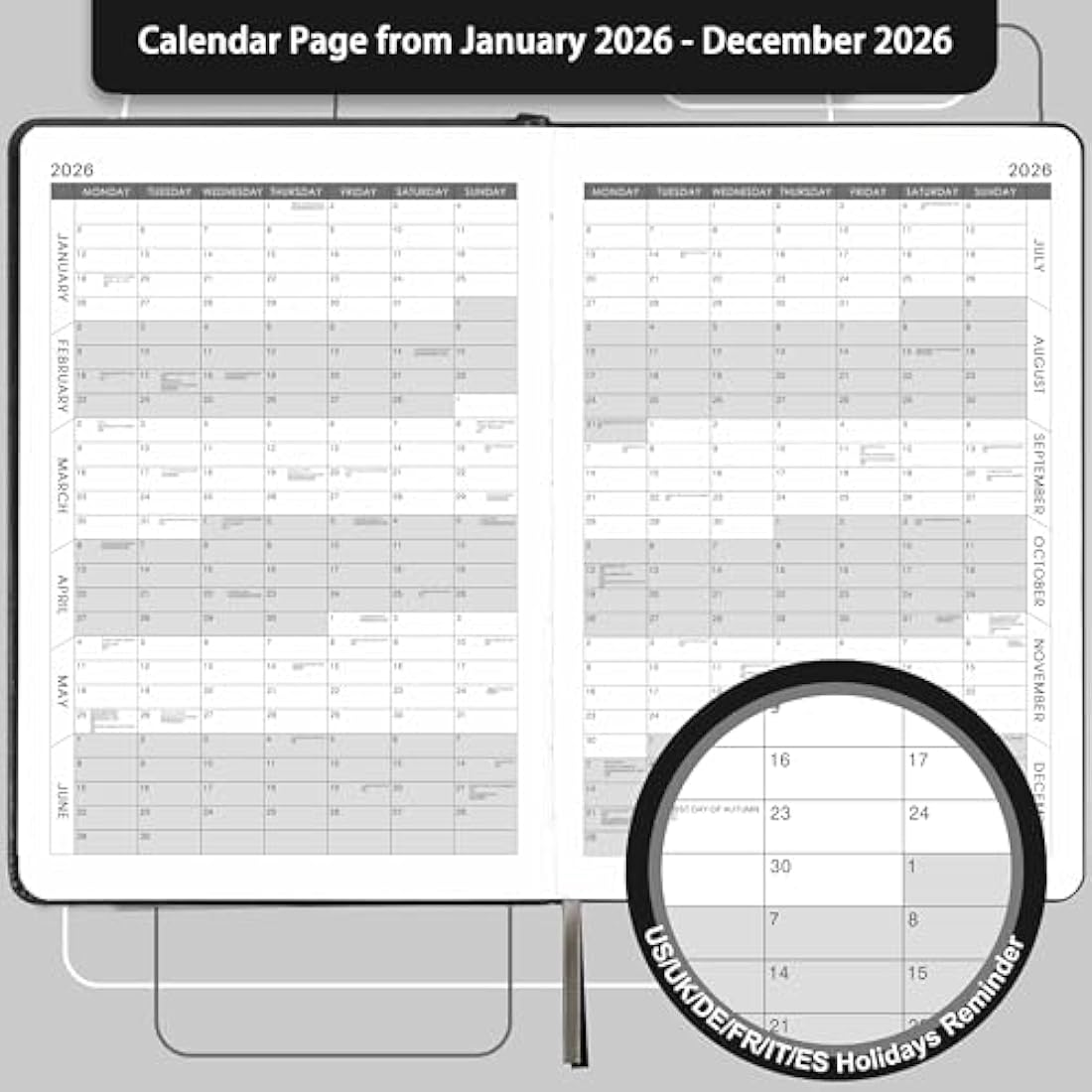 Jolof Store 2026 Diary A5 Page a Day - Daily Planner with Tabs, Grey