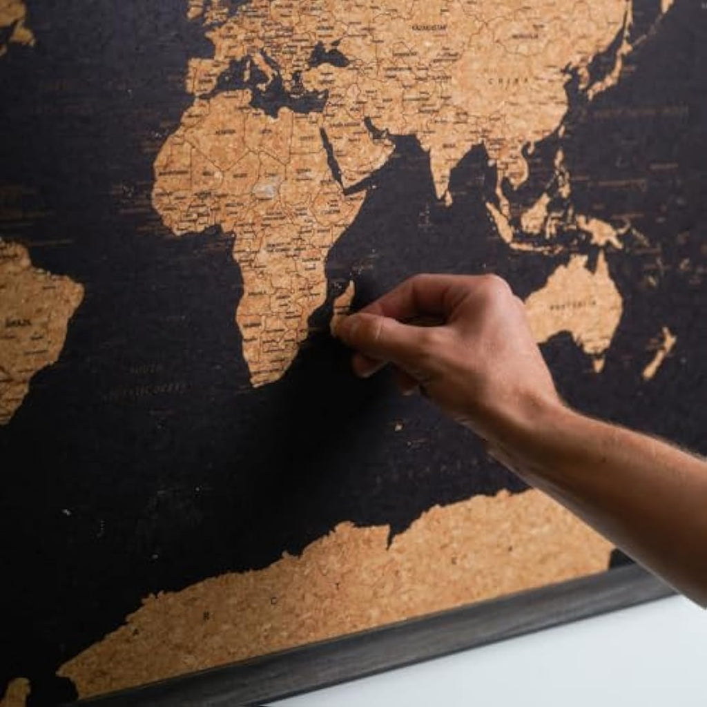 World Map Pin Board – Large Black Framed Cork Board