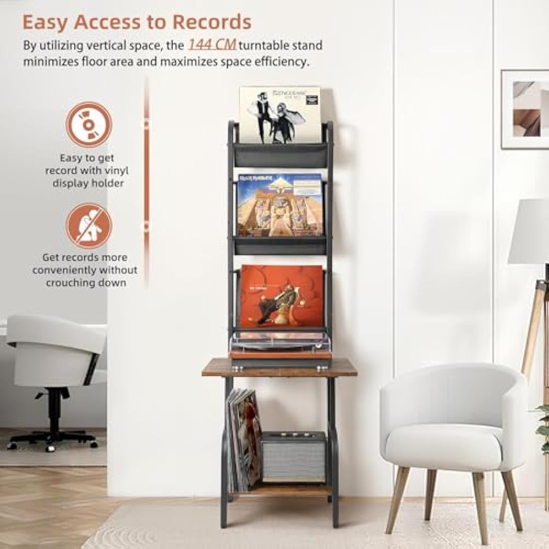 VINCOURNA 3-Tier Vinyl Record Storage Stand - 200 Album Turntable Holder
