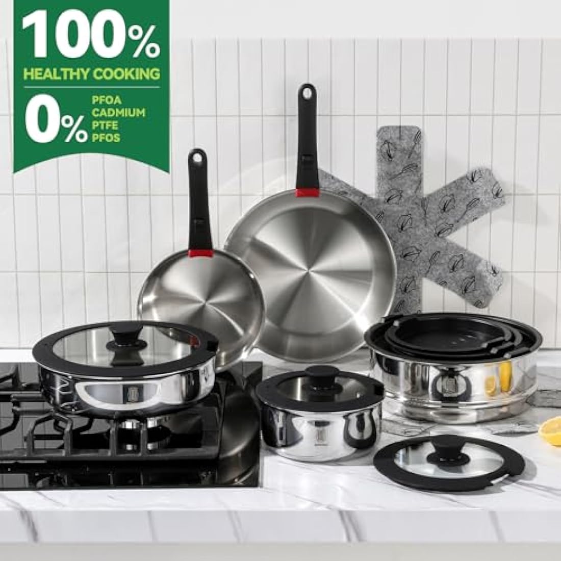 ROYDX 16-Piece Stainless Steel Cookware Set with Detachable Handles