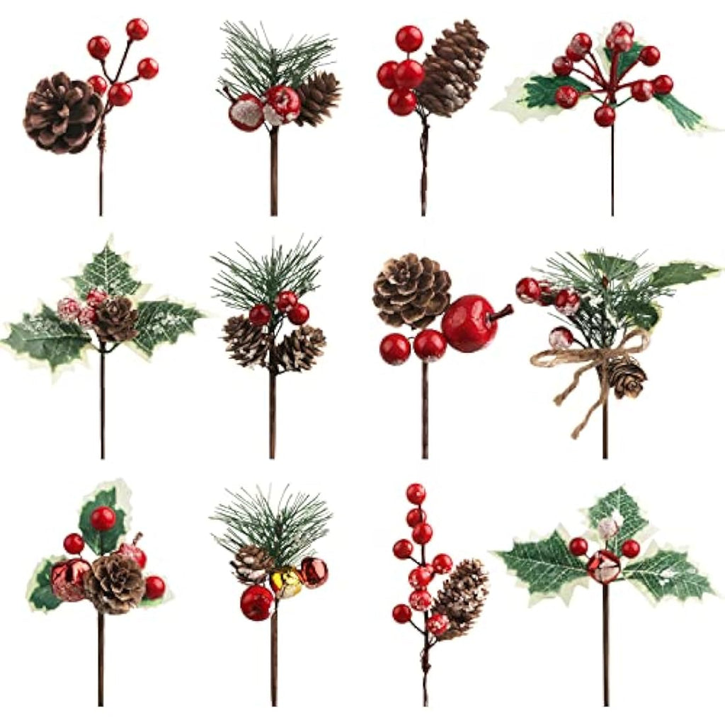 12PCS Artificial Christmas Pine Picks with Red Berries