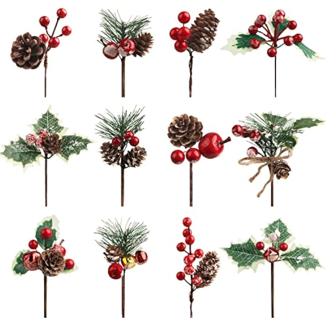 12PCS Artificial Christmas Pine Picks with Red Berries