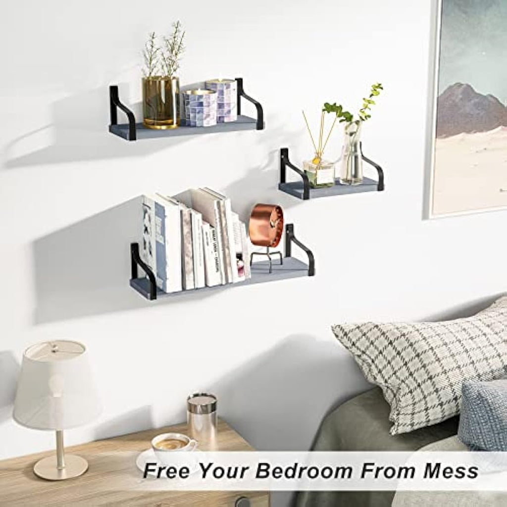 Love-KANKEI Rustic Floating Shelves – Set of 3 Wood Wall Shelves, Grey