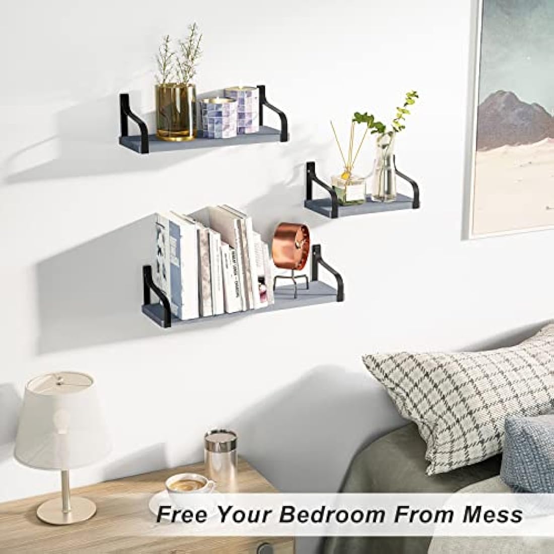 Love-KANKEI Rustic Floating Shelves – Set of 3 Wood Wall Shelves, Grey