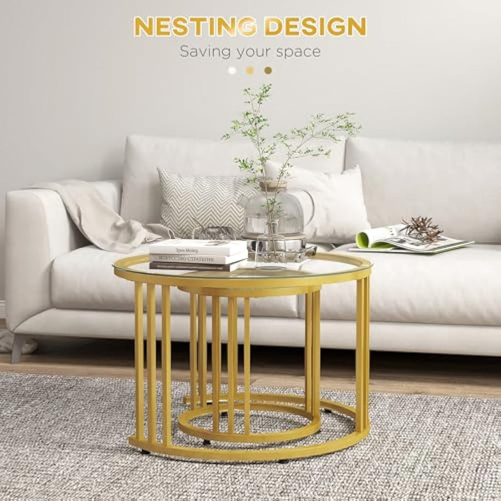 HOMCOM Nest of Tables – Round Glass Coffee Tables Set of 2, Gold