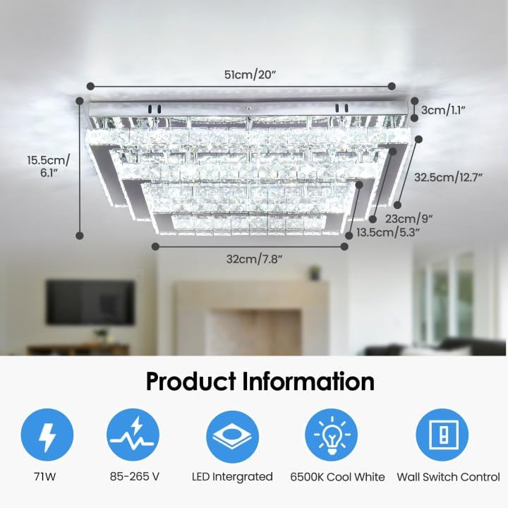Finktonglan Modern Crystal LED Ceiling Light | 20” Rectangular Flush Mount