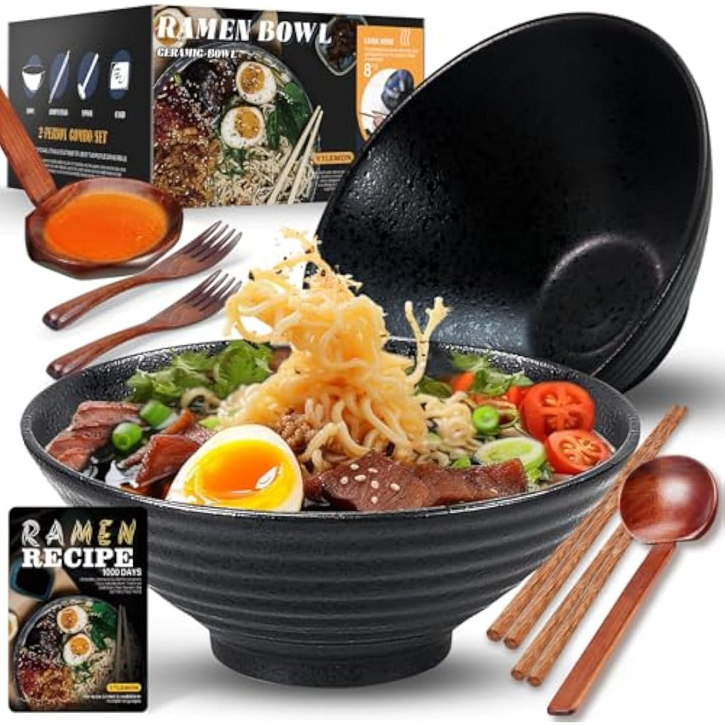YTLEMON Ceramic Ramen Bowl Set of 2 | 34oz Japanese Noodle Bowls - Black