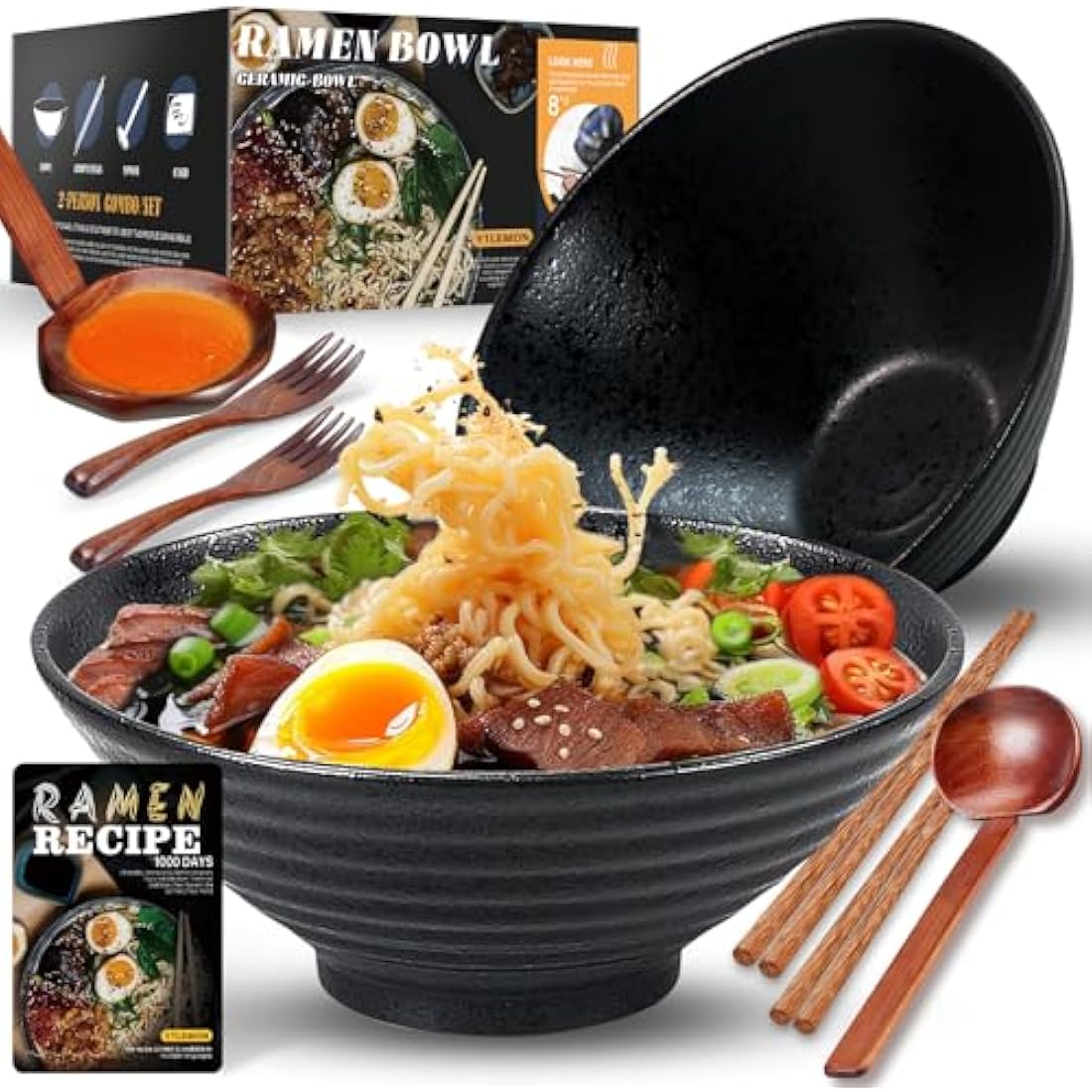 YTLEMON Ceramic Ramen Bowl Set of 2 | 34oz Japanese Noodle Bowls - Black