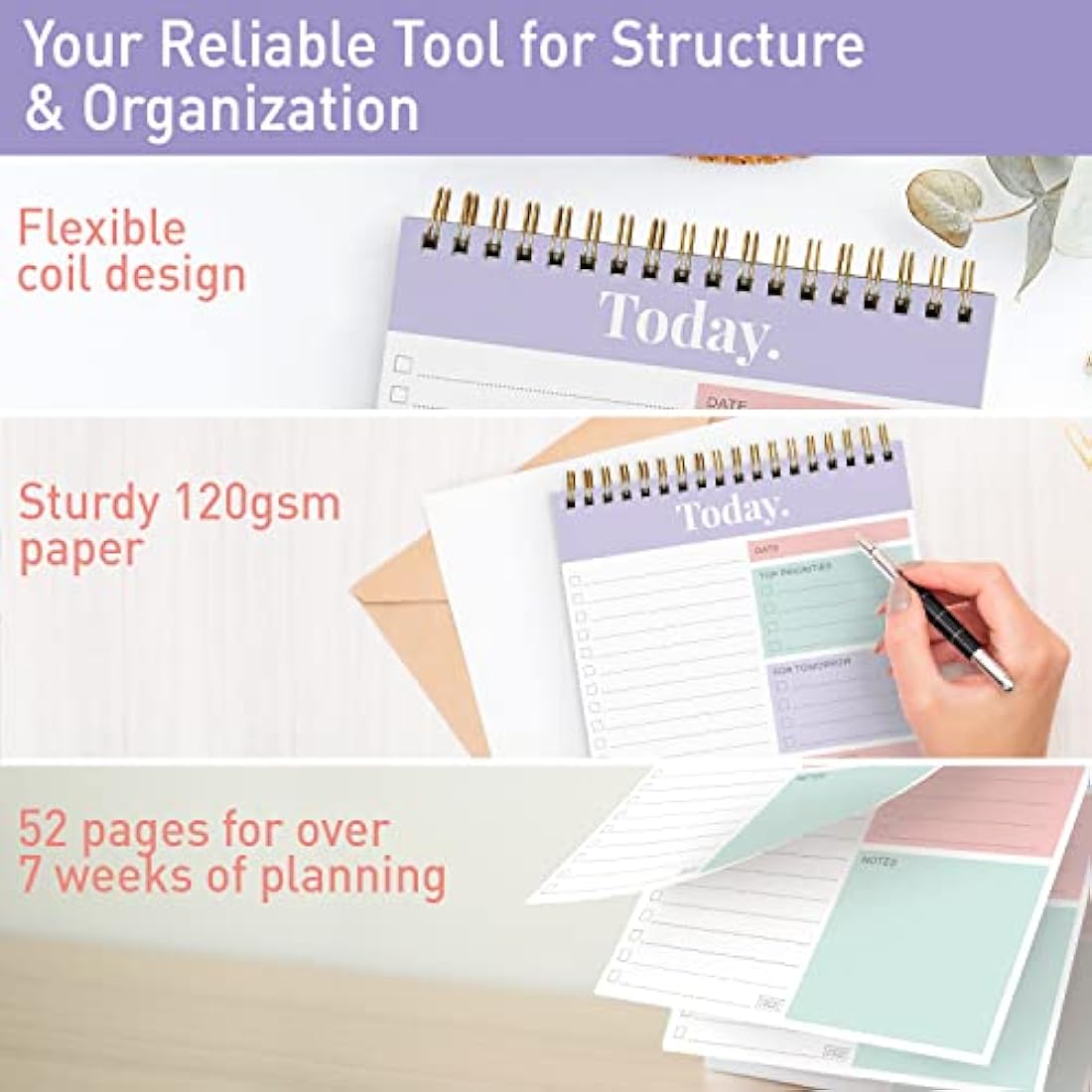 Sweetzer & Orange Undated Daily Planner - 52 Page Coiled Notepad, Mauve