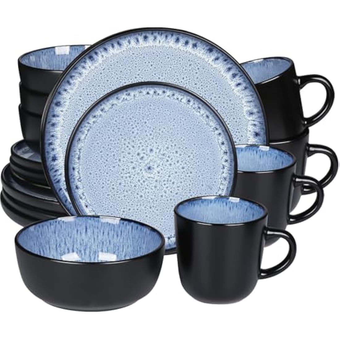 Greentainer 16-Piece Stoneware Dinnerware Set | Reactive Glaze Ocean Blue