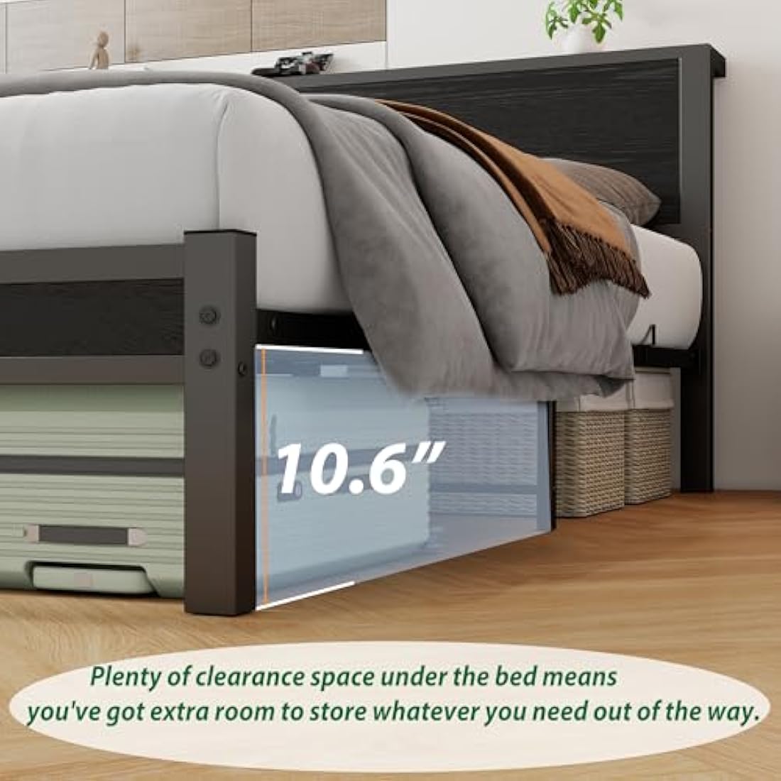 DUMEE King Size Metal Bed Frame with Storage Headboard – Black