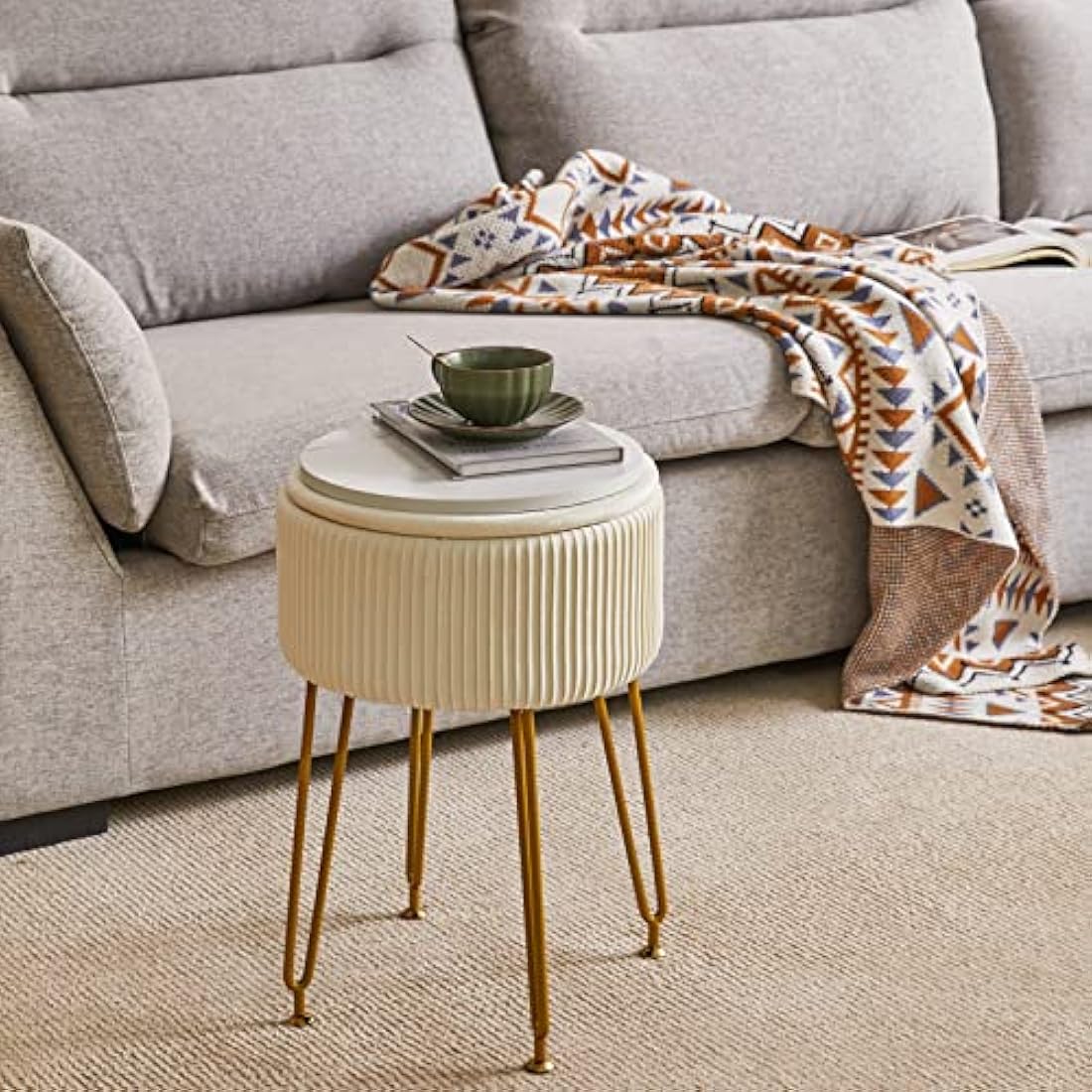IBUYKE Velvet Storage Ottoman Stool | Vanity Chair with Gold Legs, Cream
